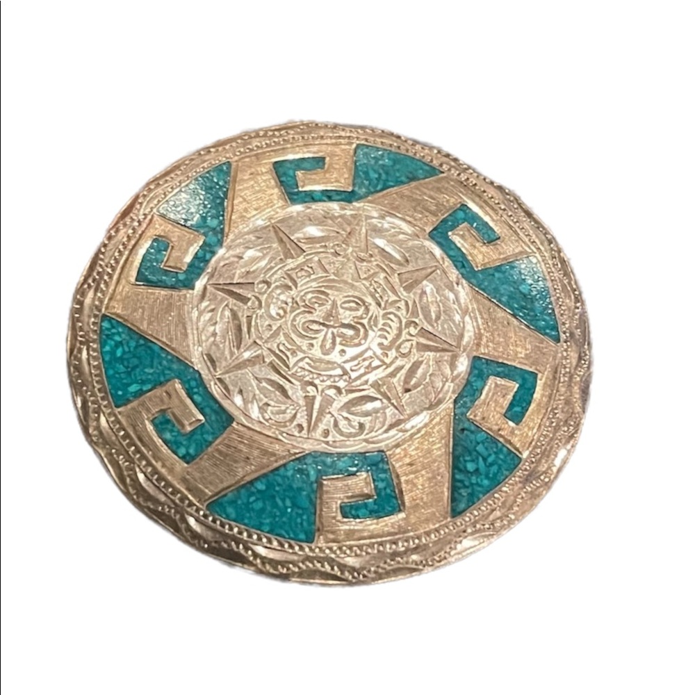 Vintage antique Aztec Mayan 🌞 God turquoise chip inlay pin/pendent